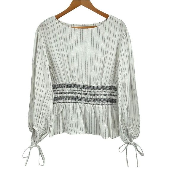 J.O.A Stripped Smocked Peplum Waist Tie Sleeve Blouse - Picture 1 of 4